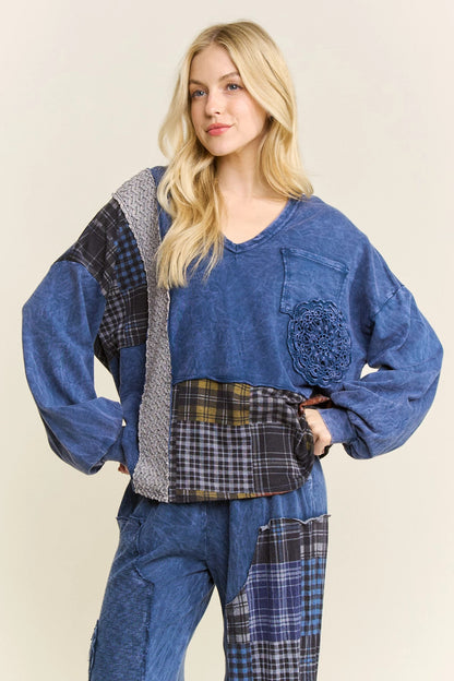 Jher Mineral Washed Plaid Patch Doily Top