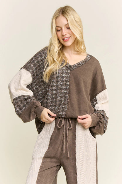 Jher Mineral Washed Tweed Sweater Detailed Vneck top