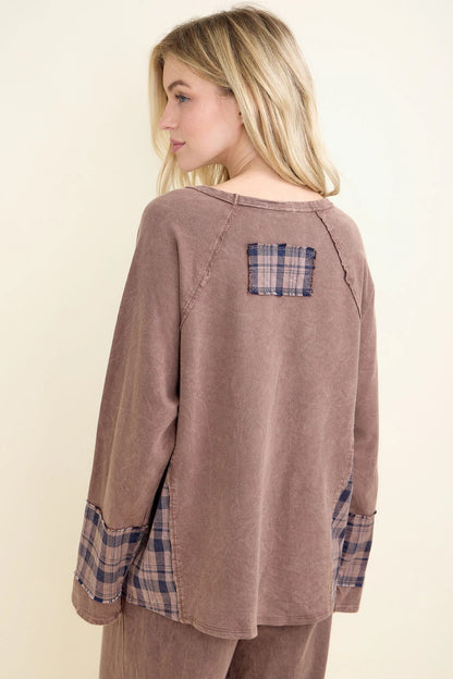 JHer Mineral Washed Distressed Star Patch Plaid top