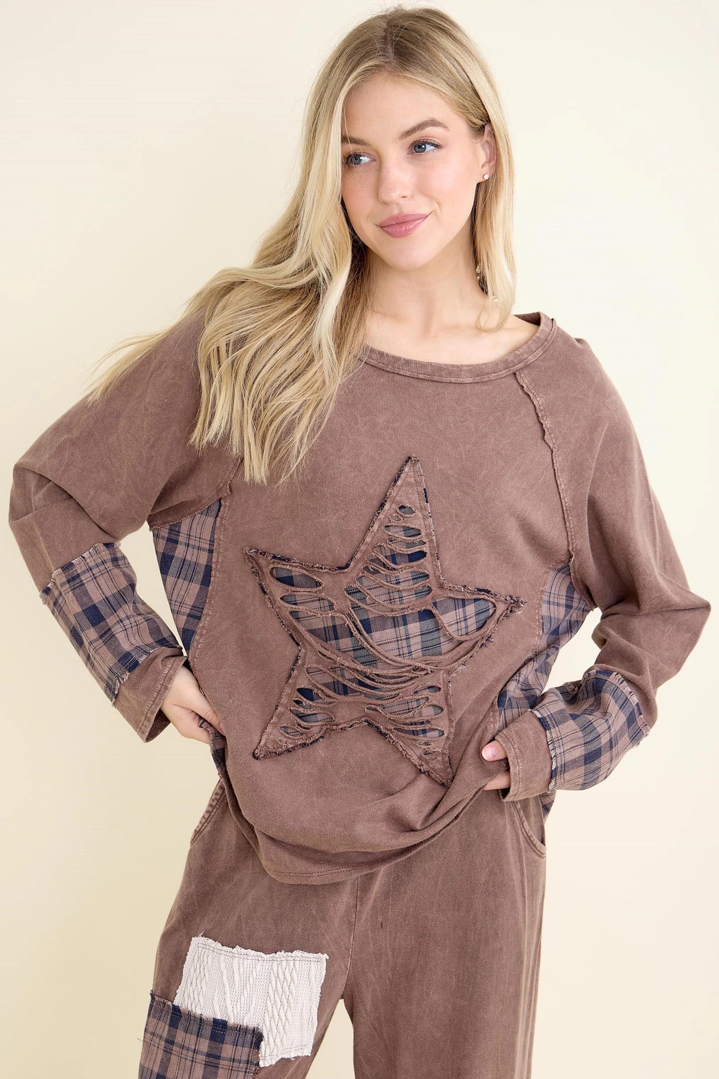 JHer Mineral Washed Distressed Star Patch Plaid top