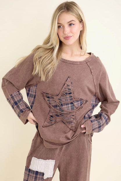 JHer Mineral Washed Distressed Star Patch Plaid top