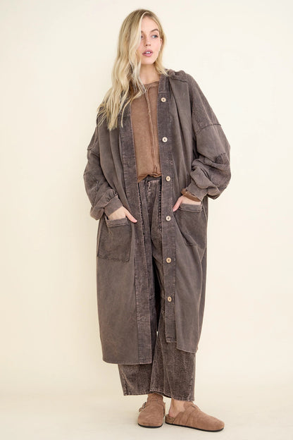 JHer Mineral Washed Corduroy Hoodie Maxi Jacket Coat
