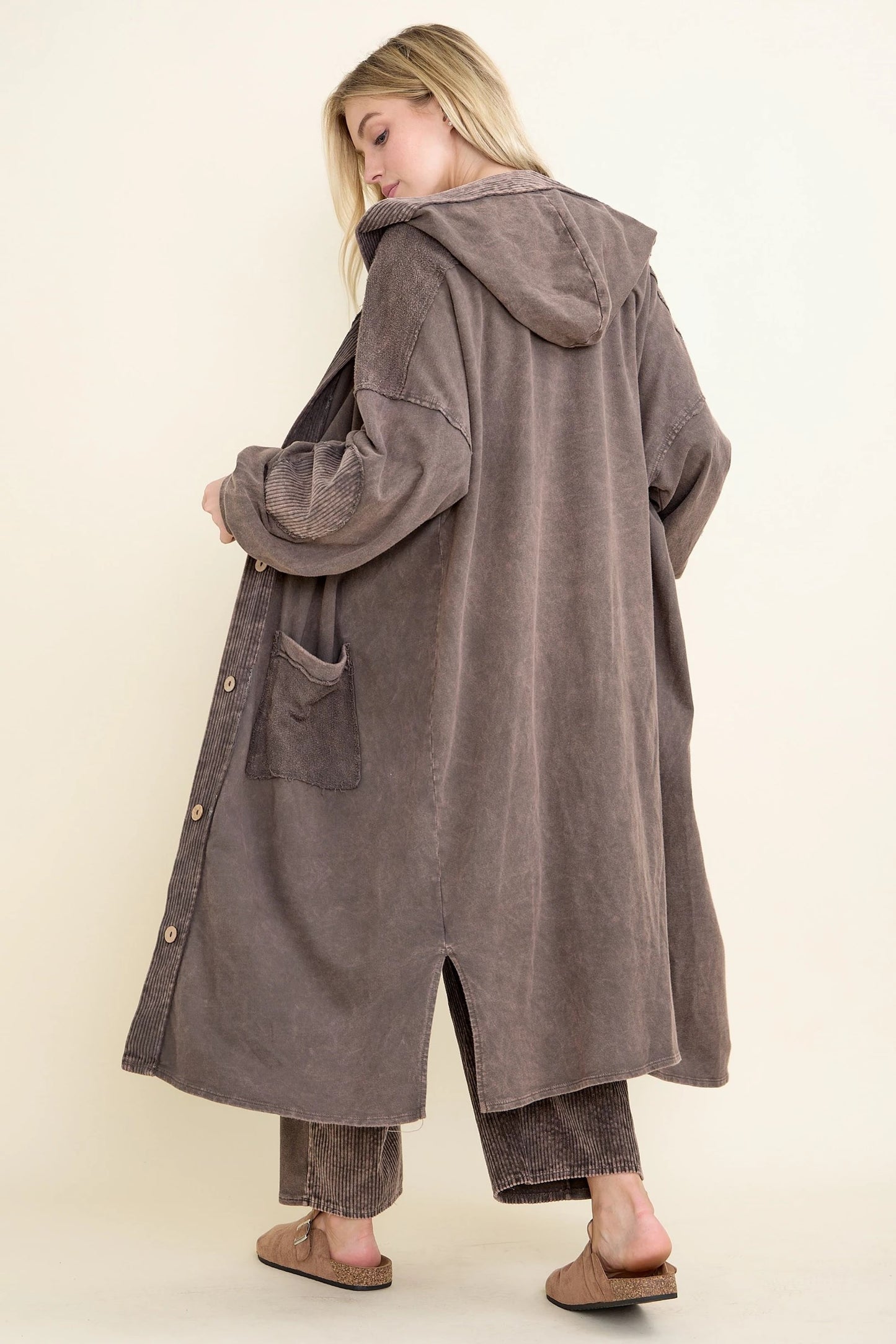 JHer Mineral Washed Corduroy Hoodie Maxi Jacket Coat