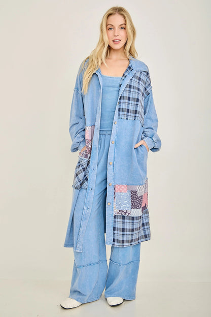 JHer Mineral Washed Boho Plaid Patched Long Terry Fall Jacket