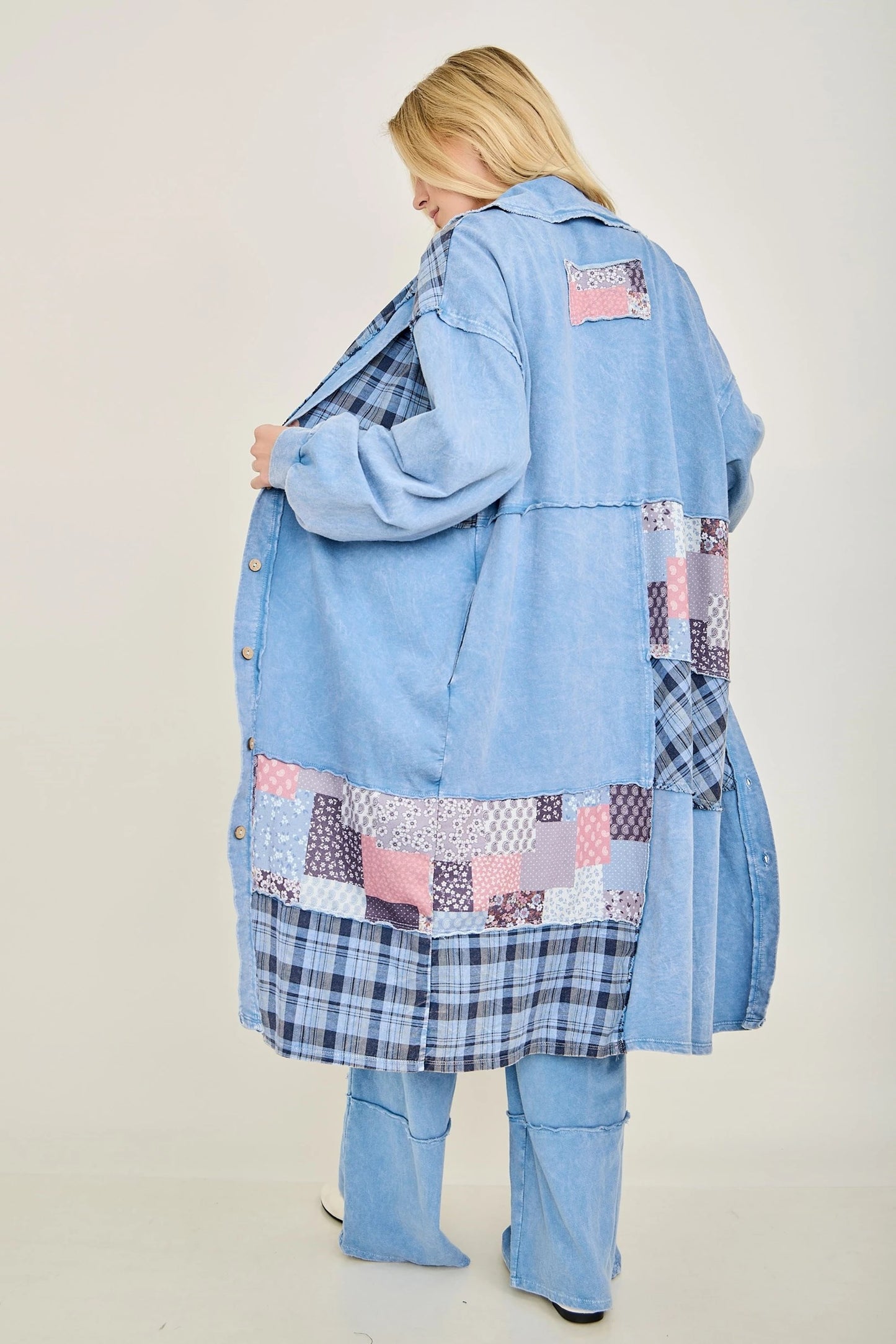 JHer Mineral Washed Boho Plaid Patched Long Terry Fall Jacket