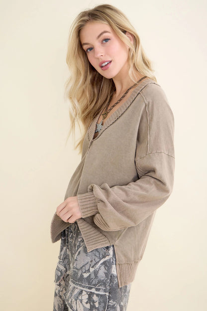 Jher Mineral Washed Ribbed V-Neck Sweatshirt