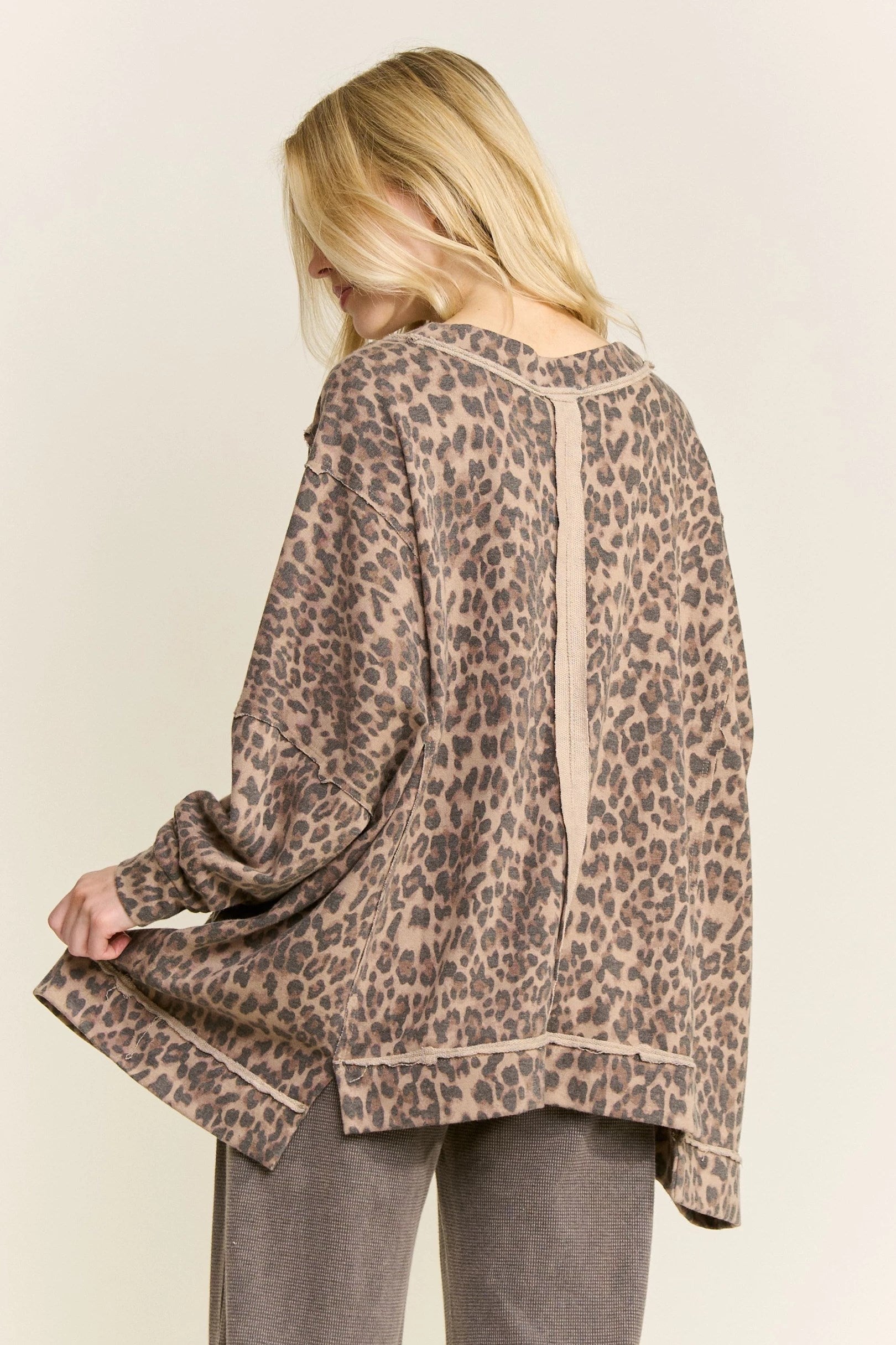 Jher Washed Cheetah Leopard Oversized V-Neck Top