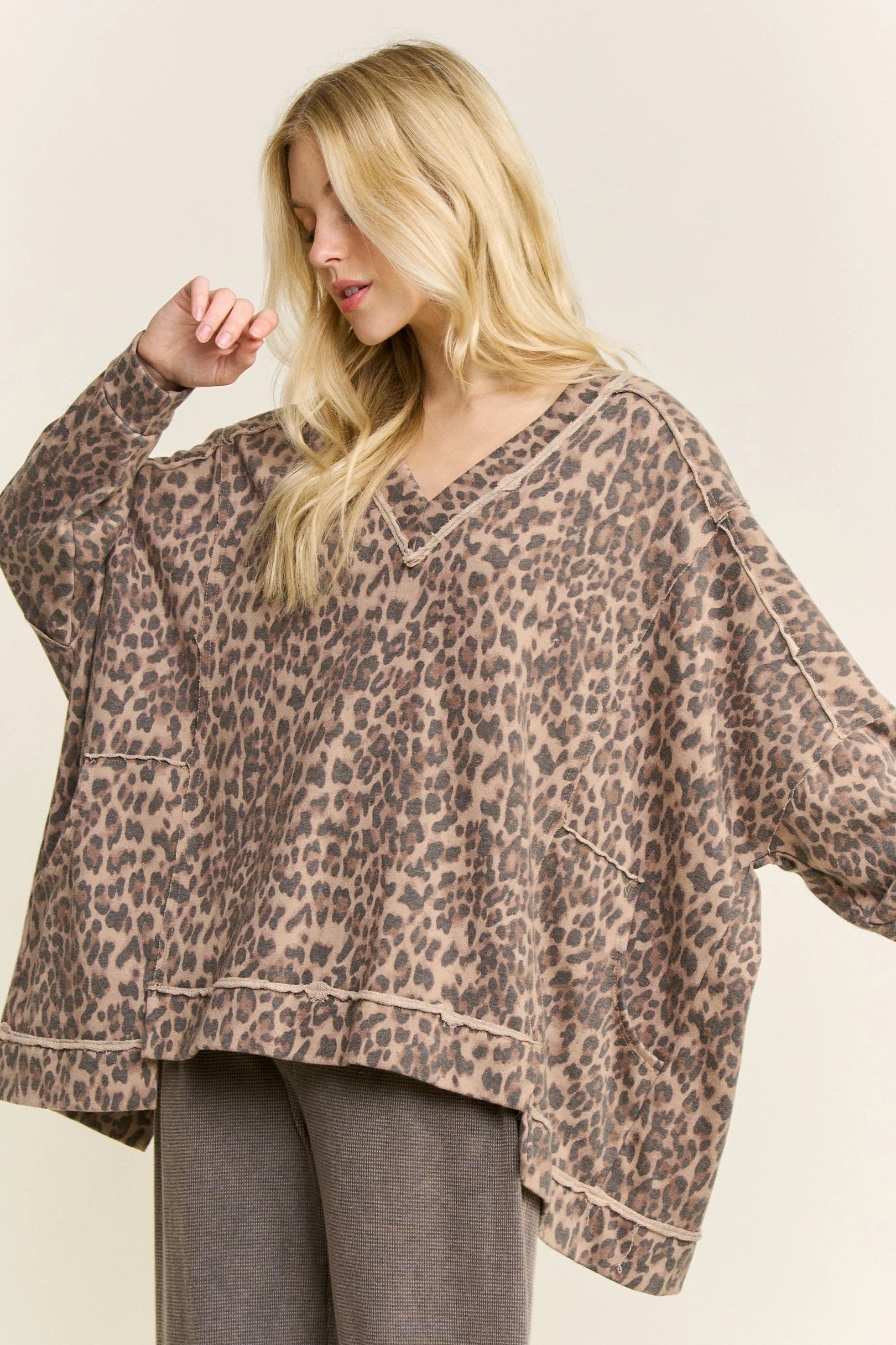 Jher Washed Cheetah Leopard Oversized V-Neck Top