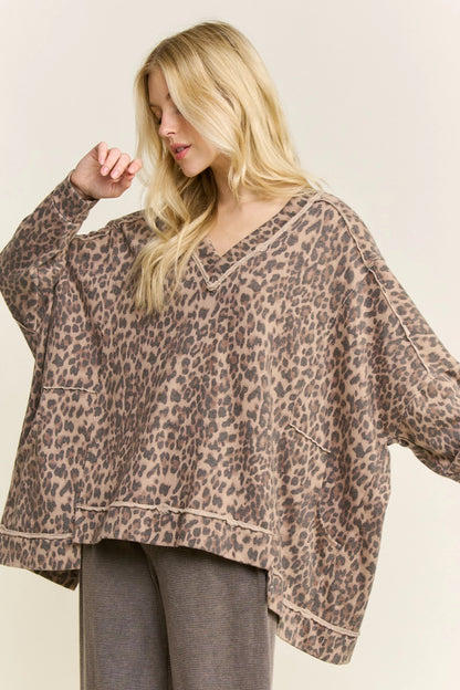 Jher Washed Cheetah Leopard Oversized V-Neck Top