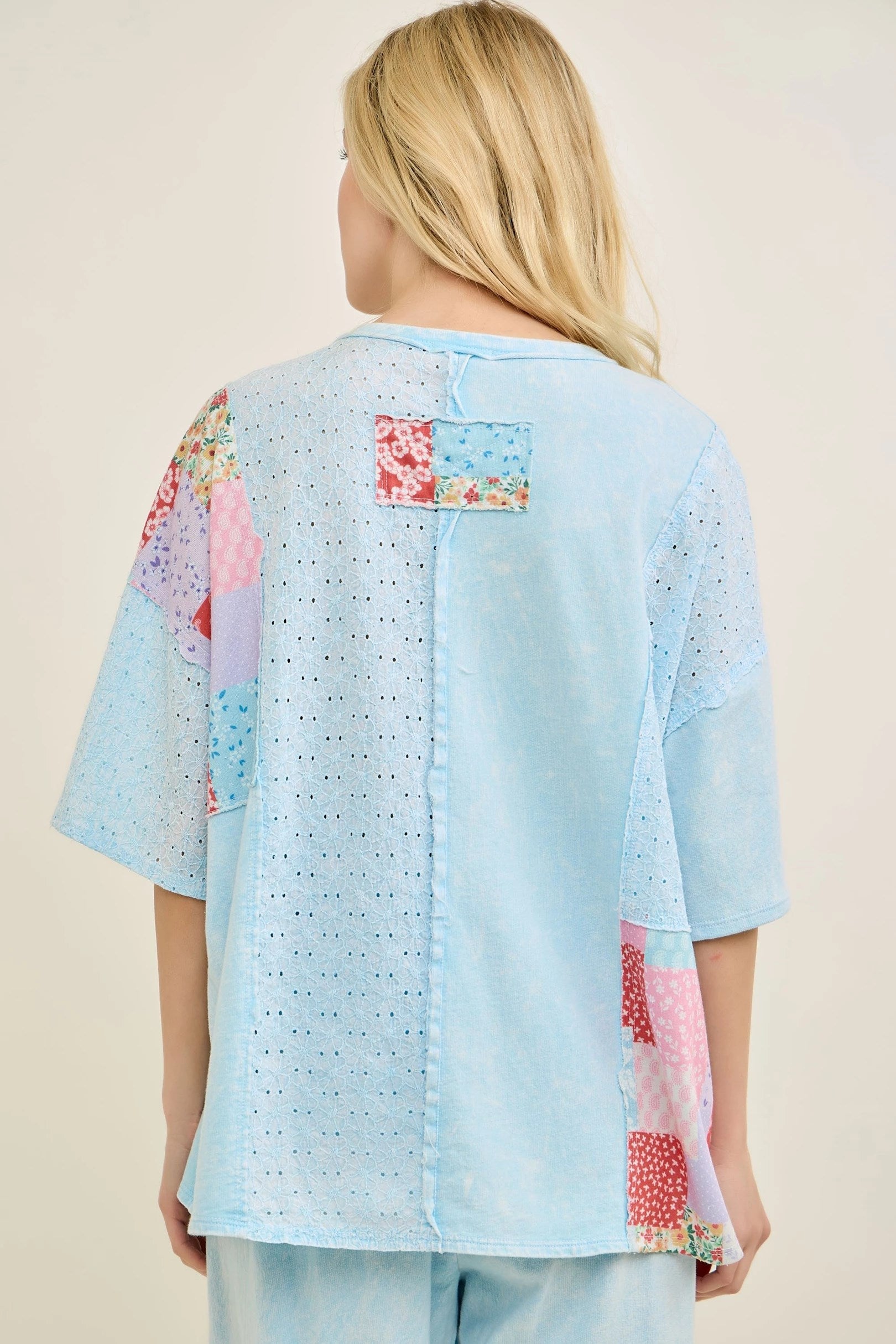 Jher Mineral Washed Floral Patchwork Eyelet Top