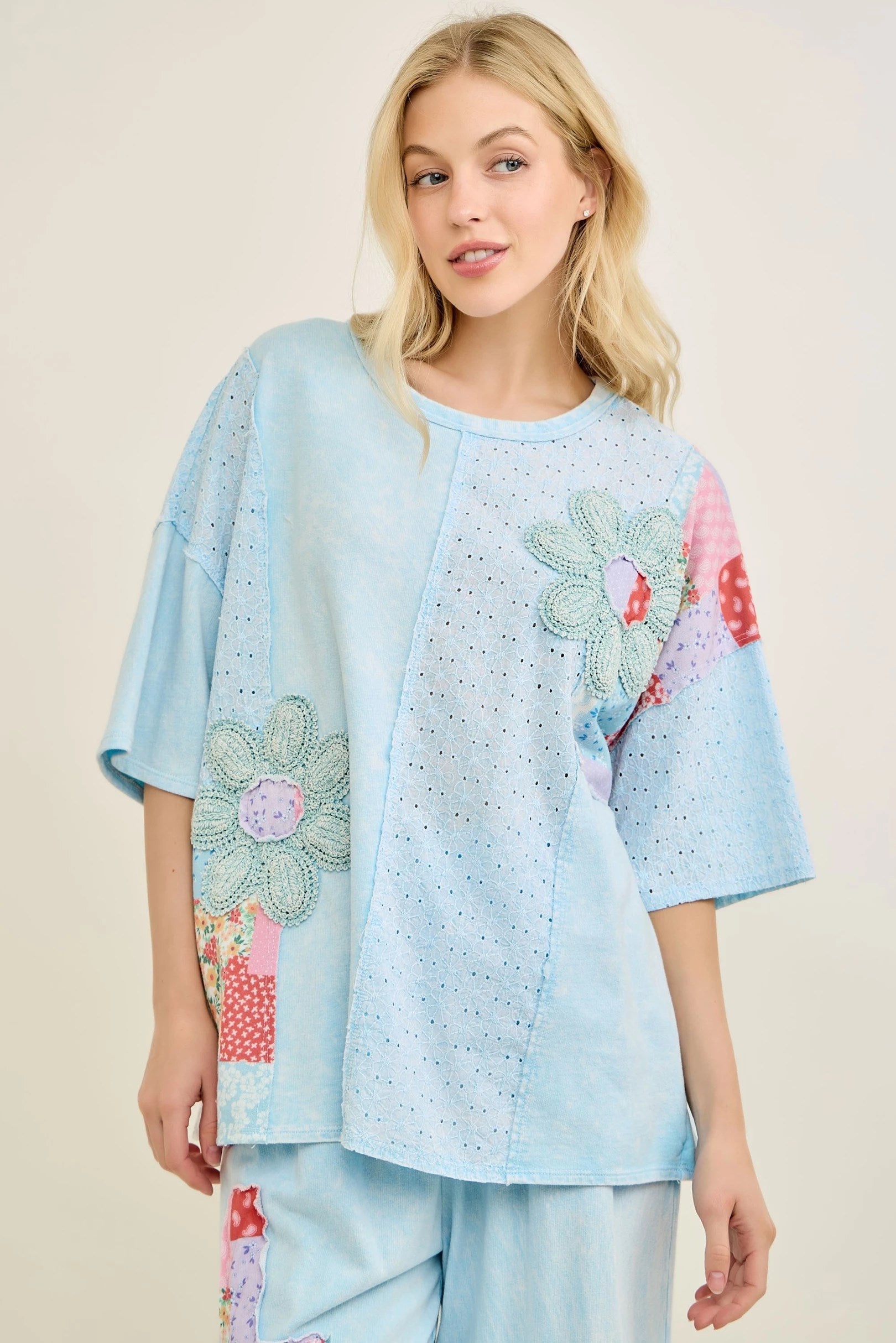 Jher Mineral Washed Floral Patchwork Eyelet Top