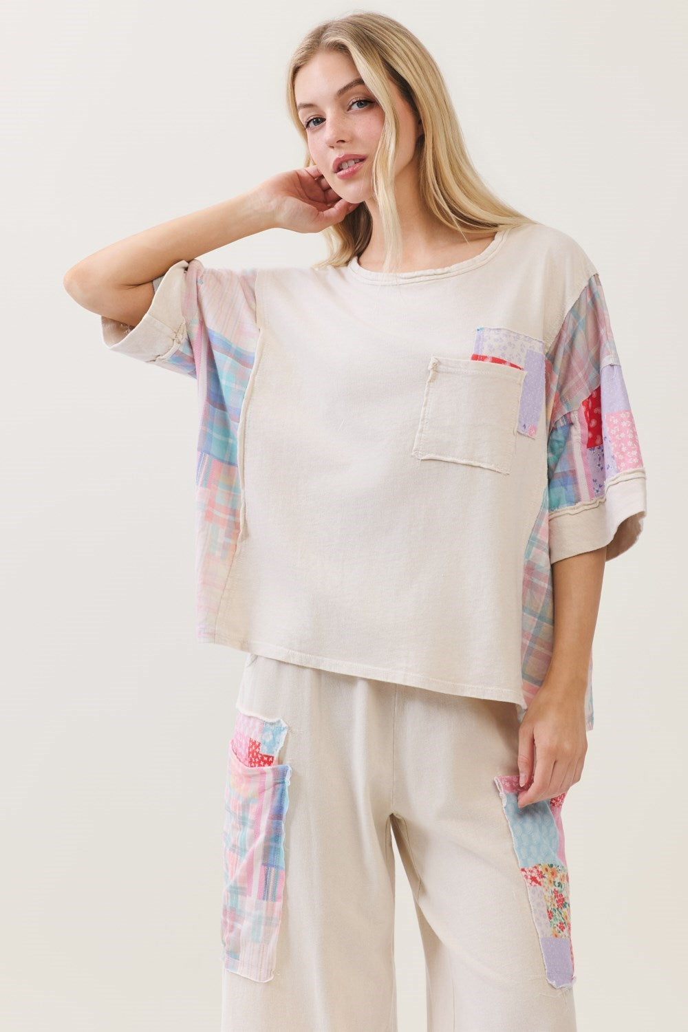 Jher Mineral Washed Patchwork Pocket Top