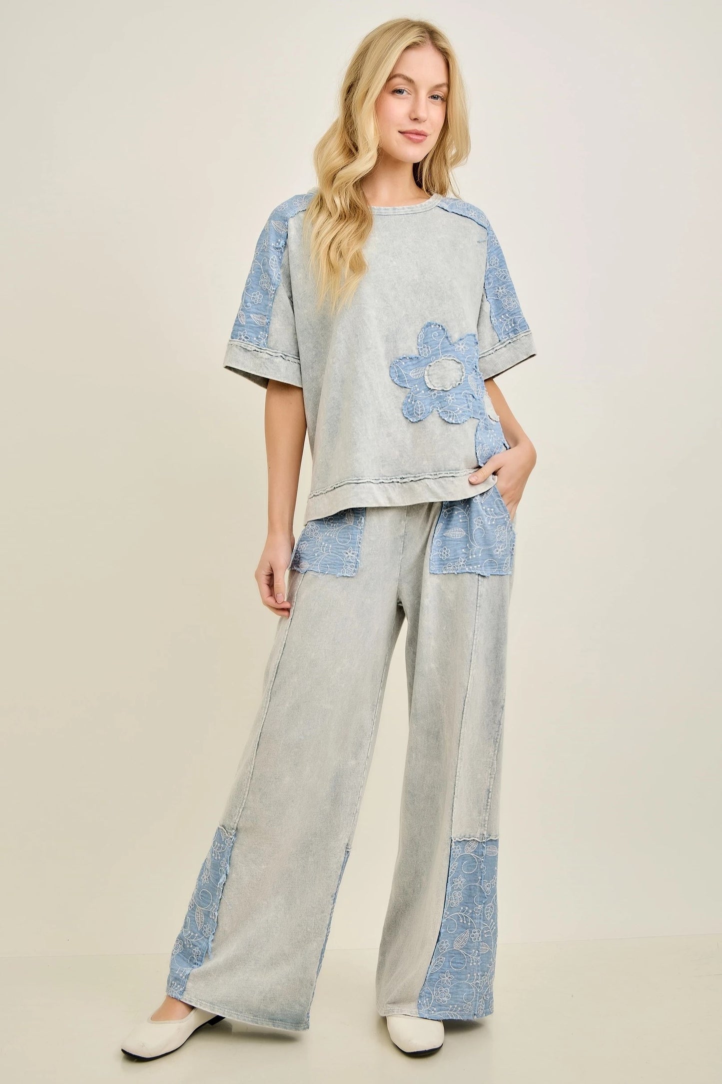 JHer Mineral Washed Denim Flower patched blouse top
