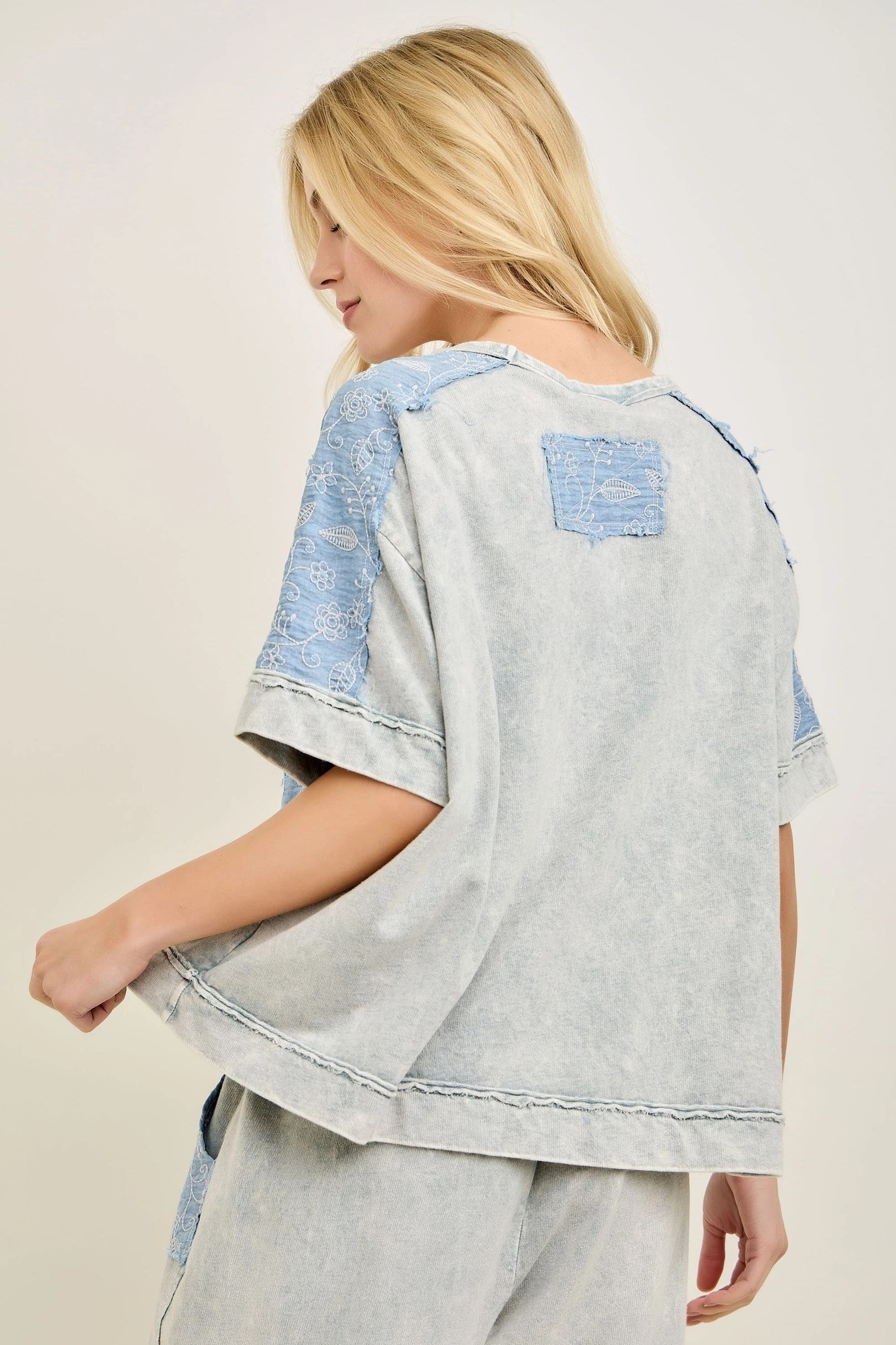 JHer Mineral Washed Denim Flower patched blouse top