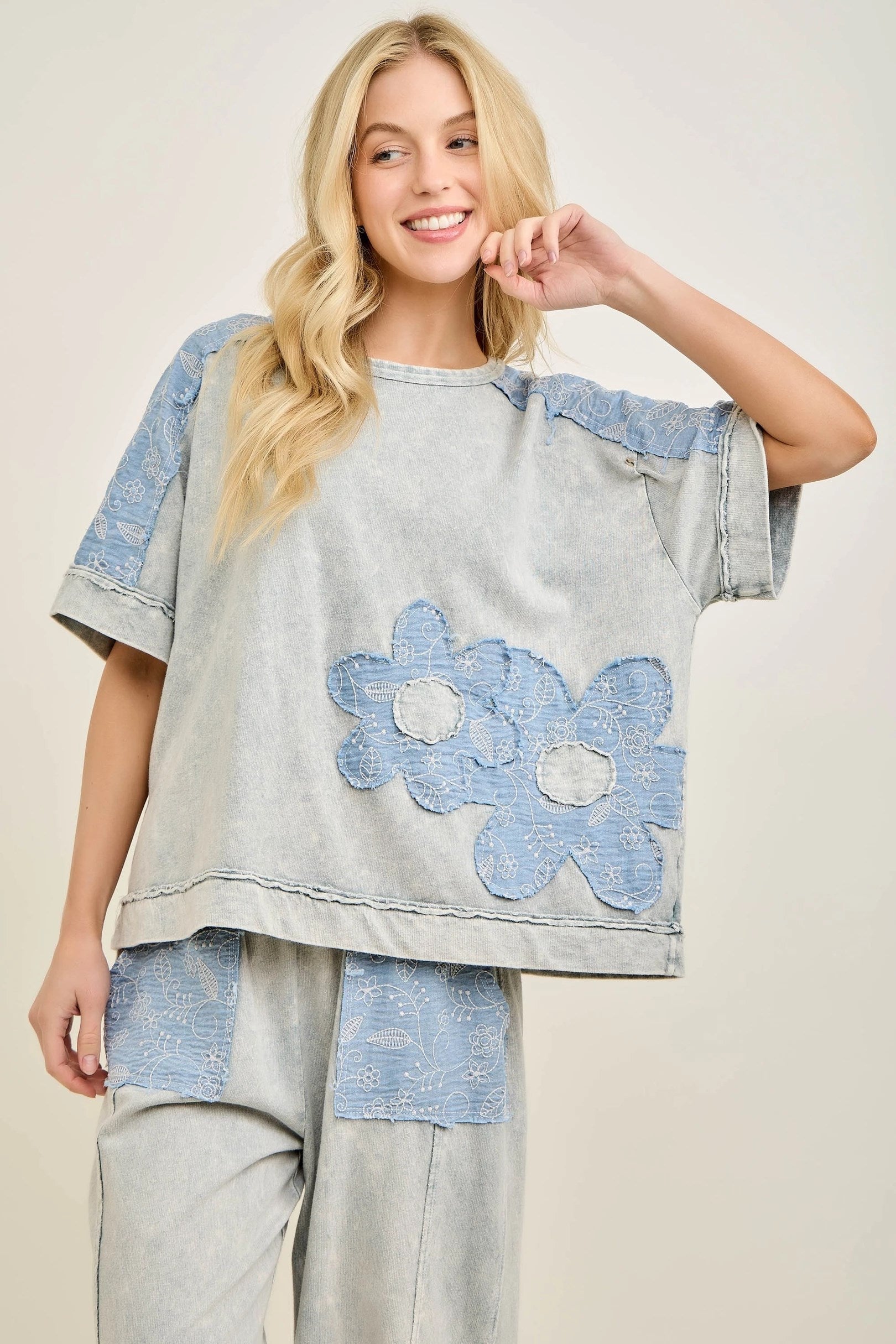 JHer Mineral Washed Denim Flower patched blouse top