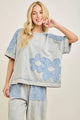 JHer Mineral Washed Denim Flower patched blouse top