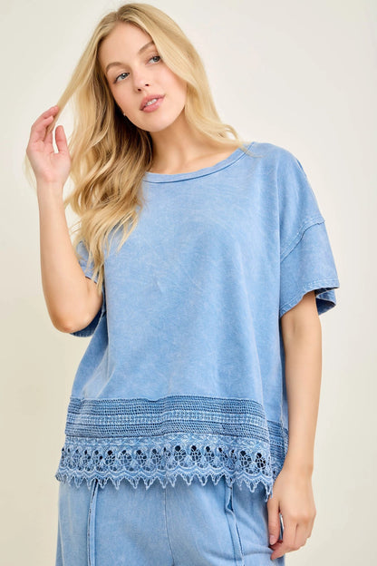 Jher Mineral Washed Delicate lace trimmed hem blouse top
