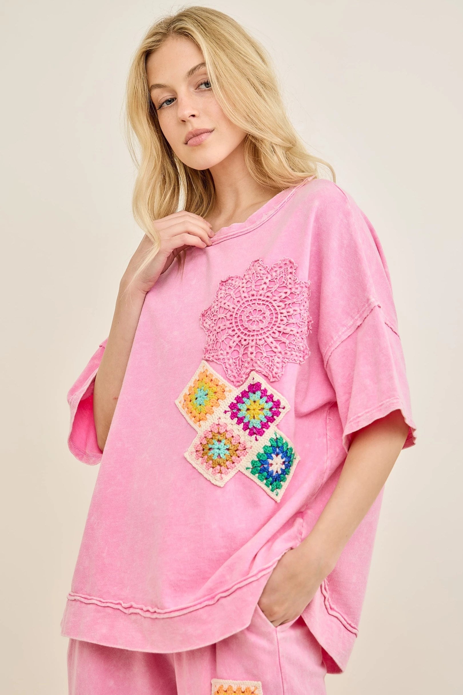 Jher Mineral Washed Crochet Detail Short Sleeve Top