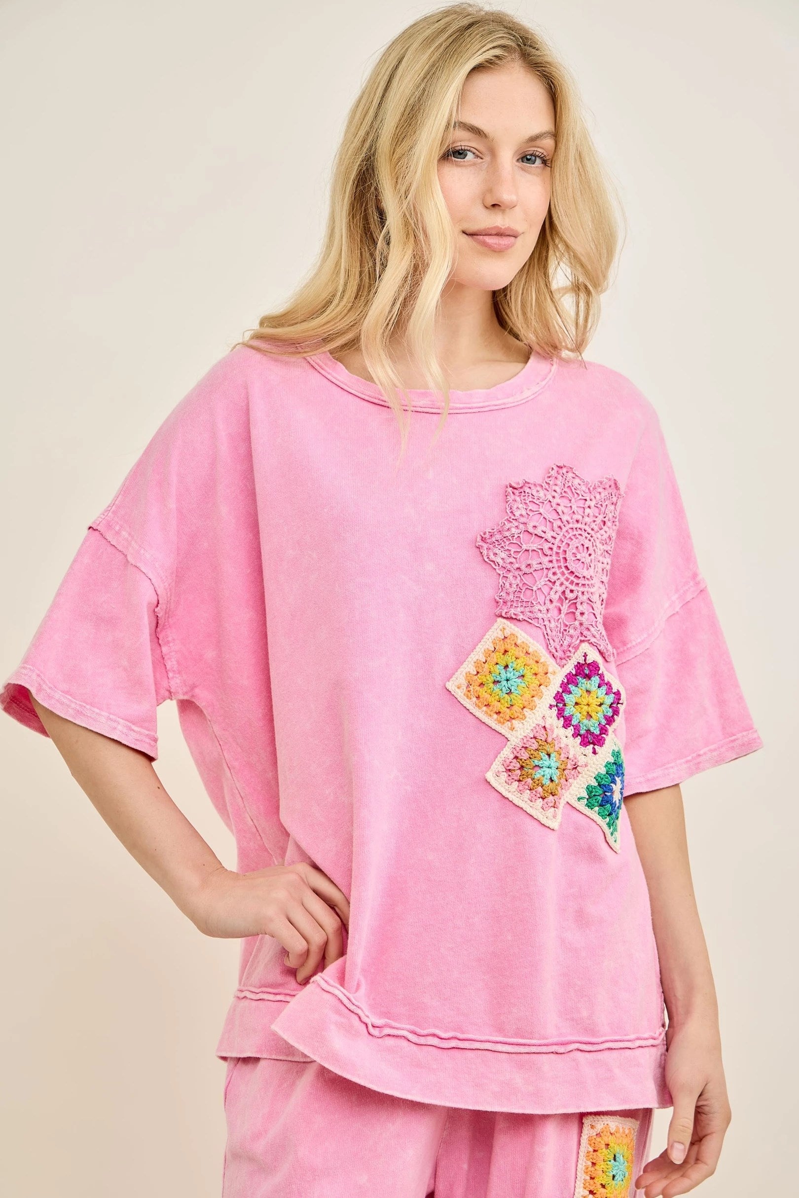 Jher Mineral Washed Crochet Detail Short Sleeve Top