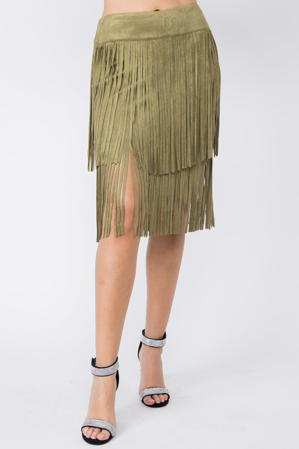 Vocal Tiered Fringe Mini Suede Skirt