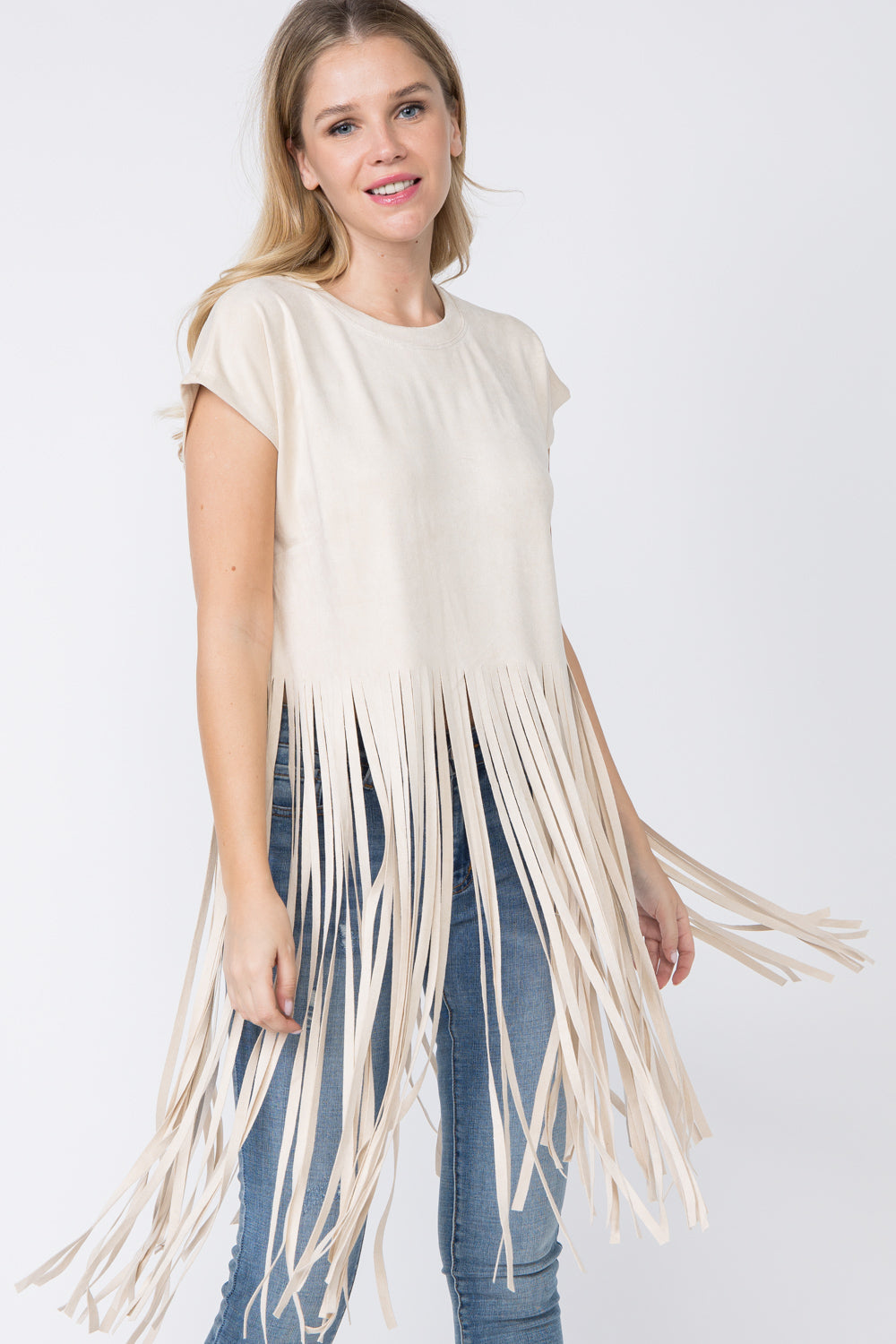 Vocal Short Sleeve Fringe Suede Top