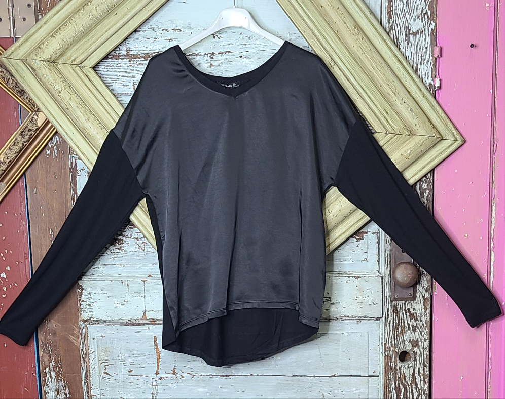 Black Satin Top  with Jersery Back and sleeve