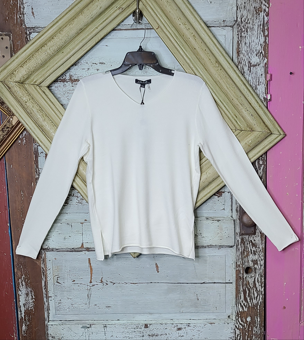 Ecru V-neck Plushy Basic Sweater