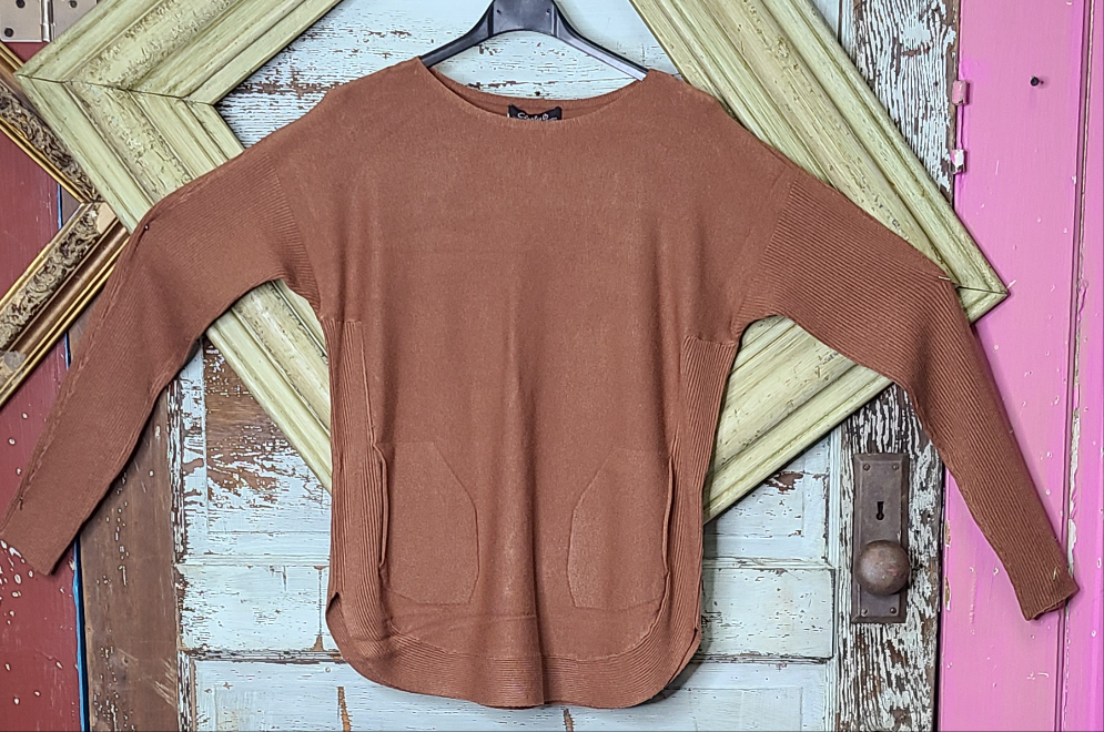 Terracotta  Round Hem Sweater With front Pockets