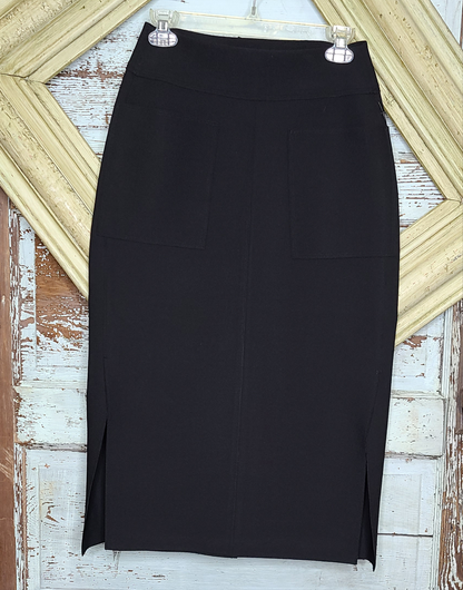 Black Knee Length Skirt Side Slits Pockets