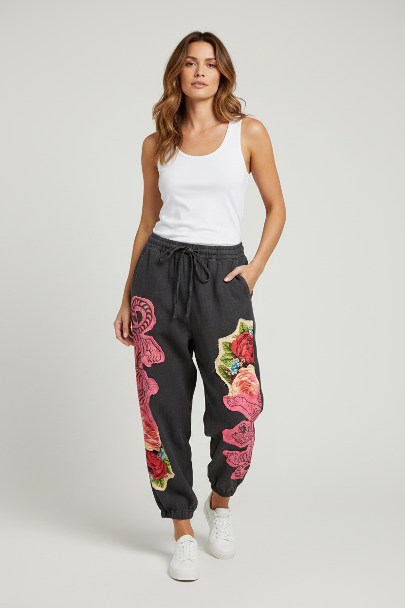 I love linen  Grey Pants With Applique