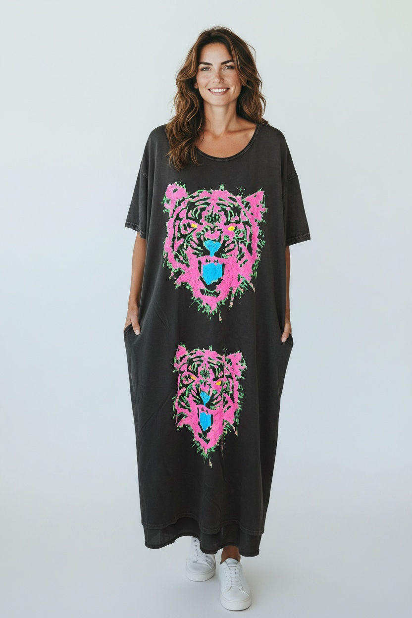 I Love Linen Neon Tiger Graphic Dress