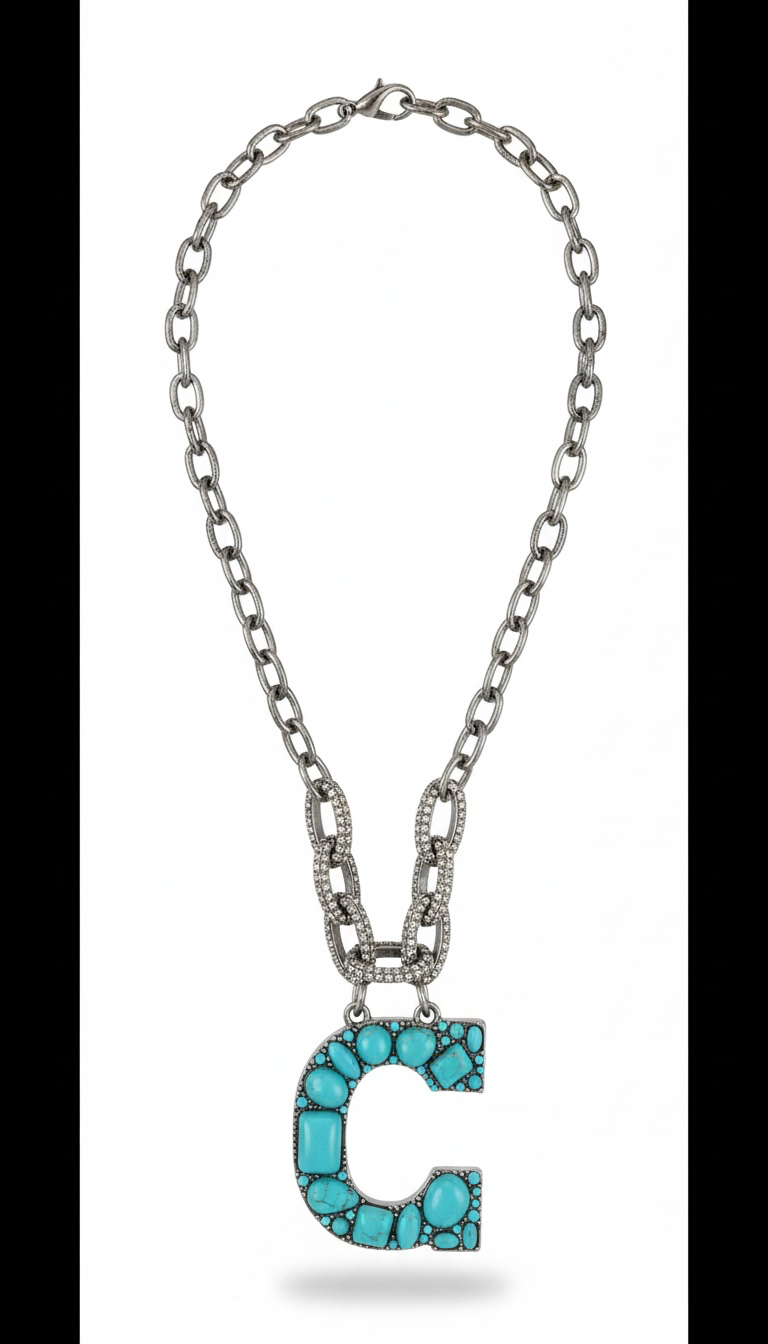 Alice Silver Initial C Necklace with Turquoise Stone
