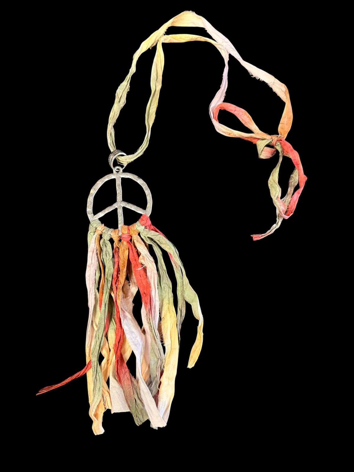 Alice Sari Silk Fringe Necklace with Peace Sign