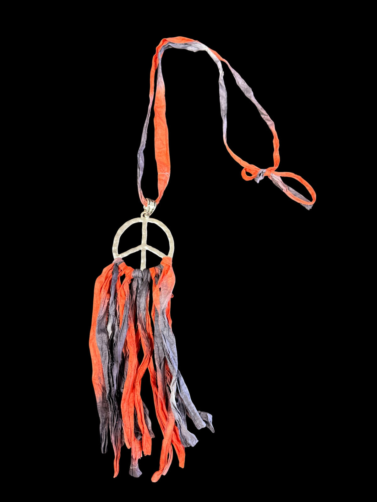 Alice Sari Silk Fringe Necklace with Peace Sign