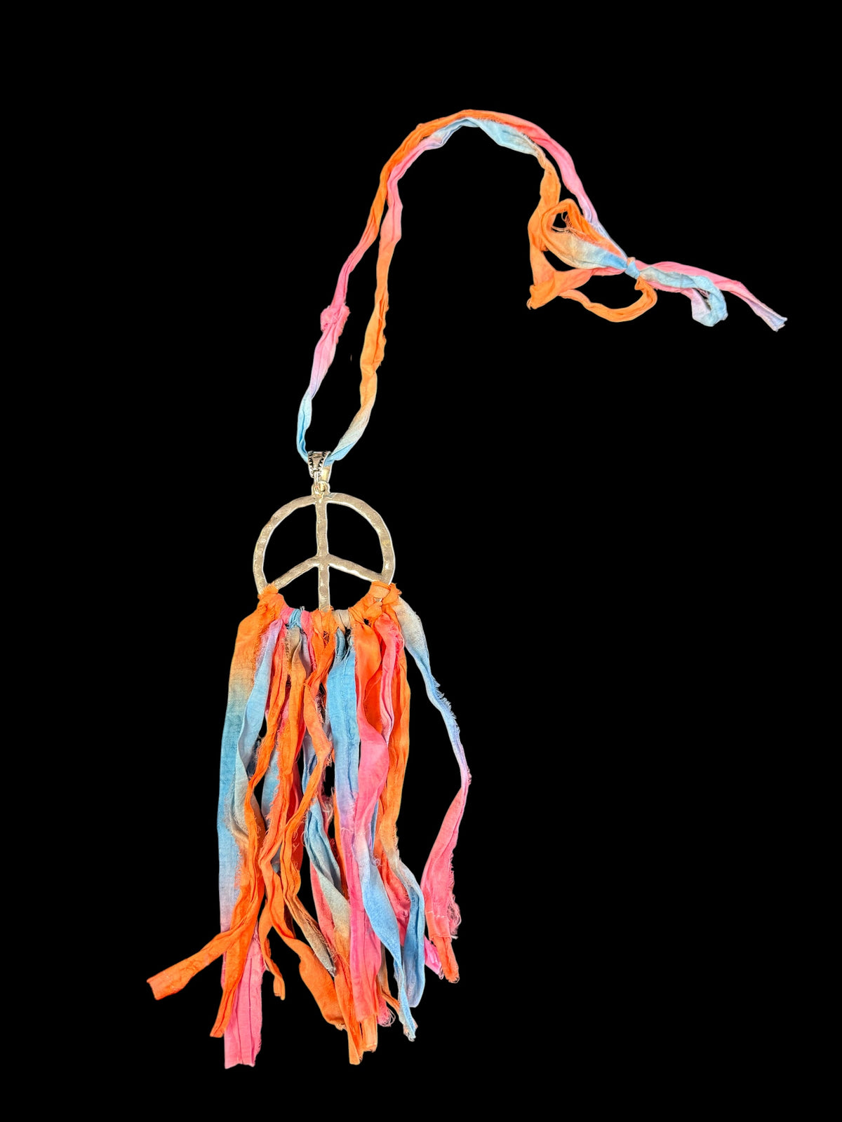 Alice Sari Silk Fringe Necklace with Peace Sign