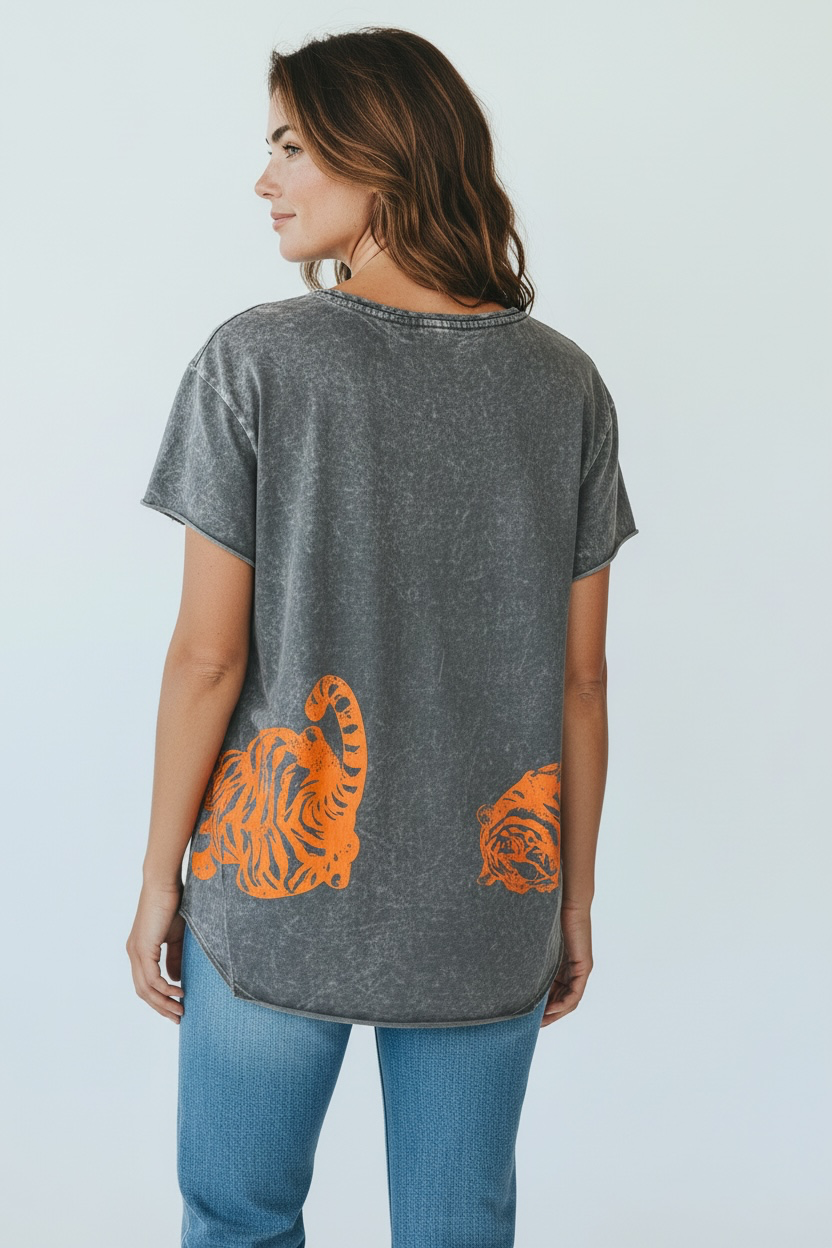I Love Linen Neon Orange Tiger V-Neck Tee