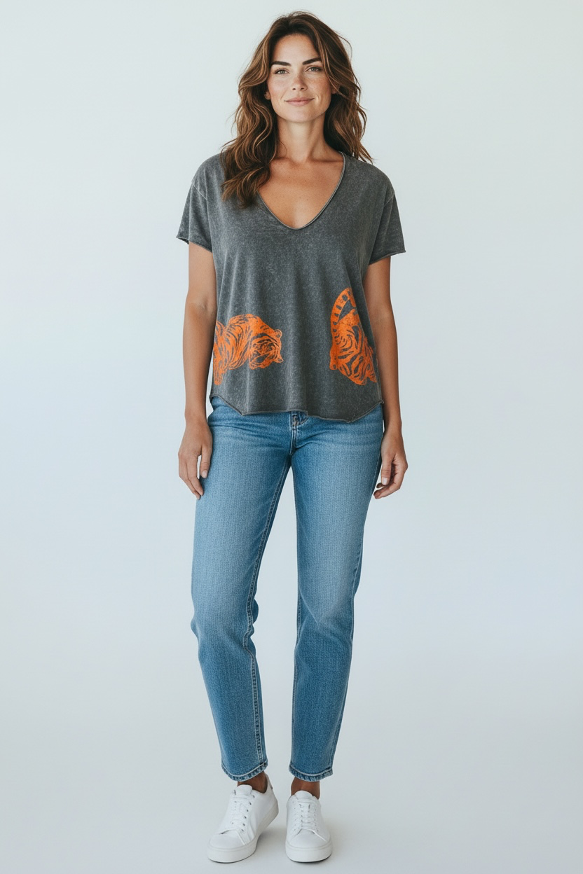 I Love Linen Neon Orange Tiger V-Neck Tee