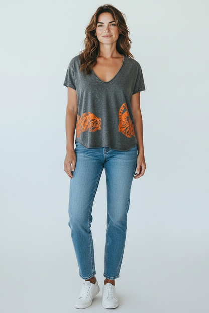I Love Linen Neon Orange Tiger V-Neck Tee