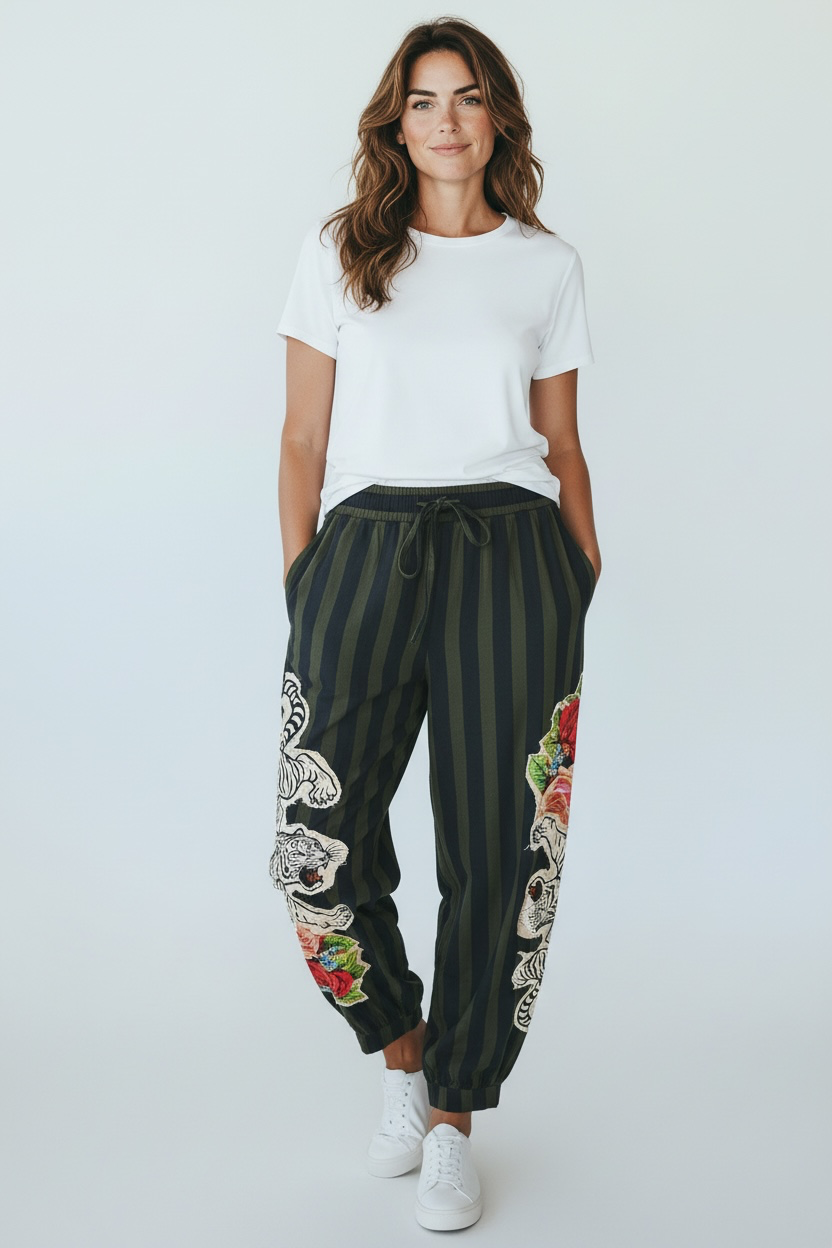 I Love Linen Striped Pants with Tiger Applique