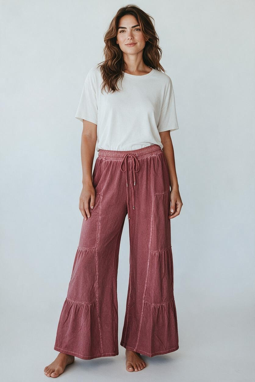 I Love Linen Dusty Rose Tiered Wide Leg Pants