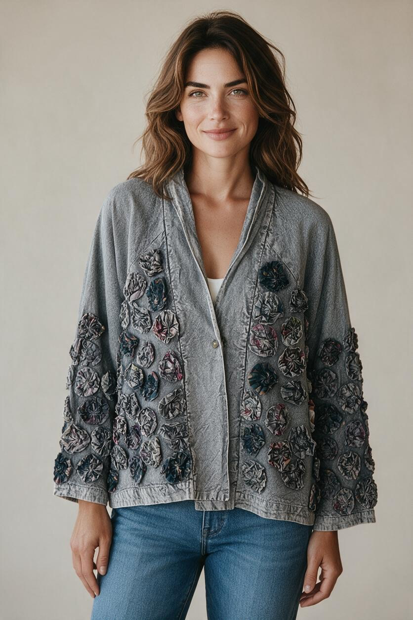 Paper Lace Short  Jacket With Flower Embelishment