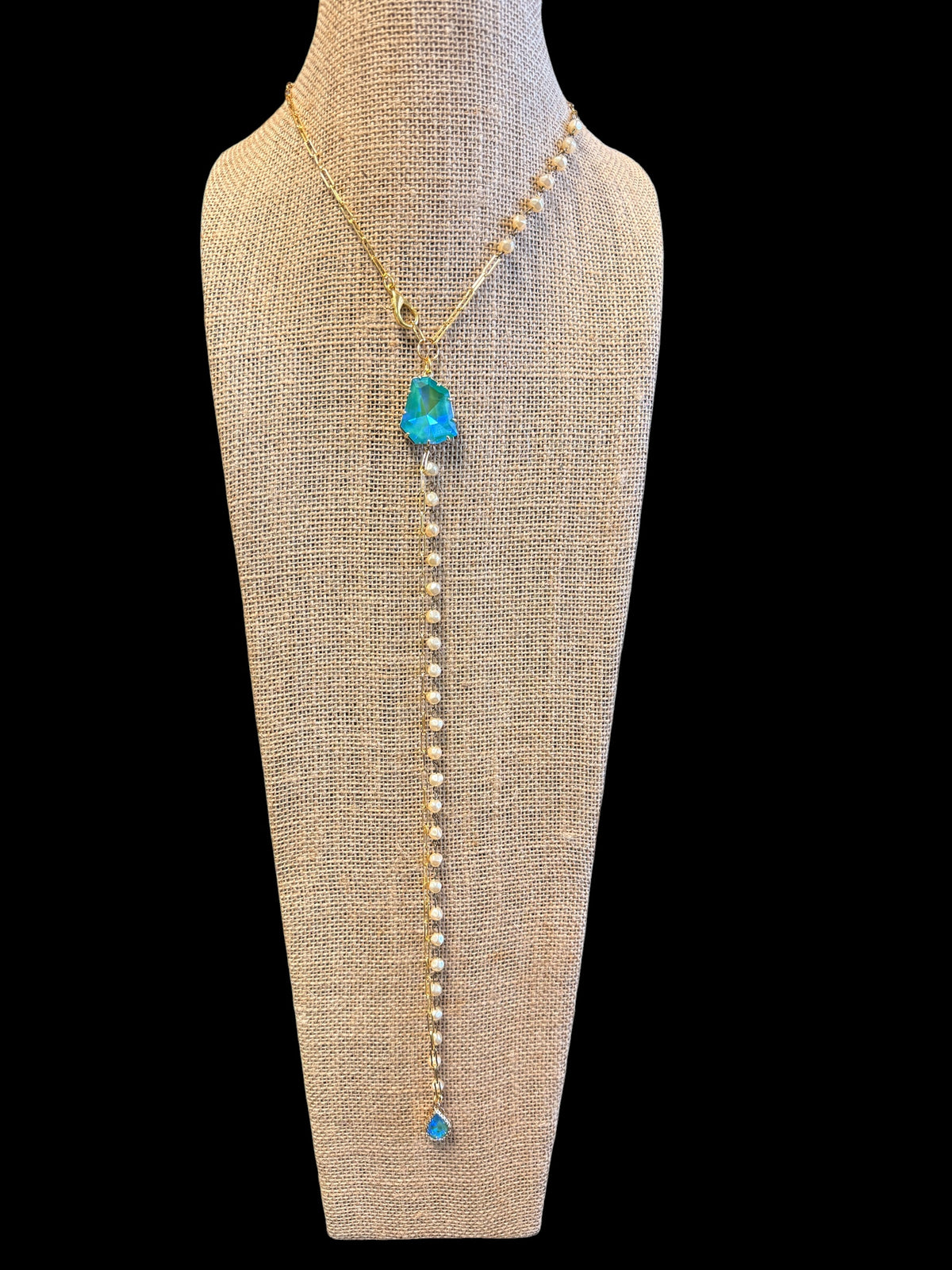 Jaded Gypsy Gold & Pearl Crystal Lariat Necklace