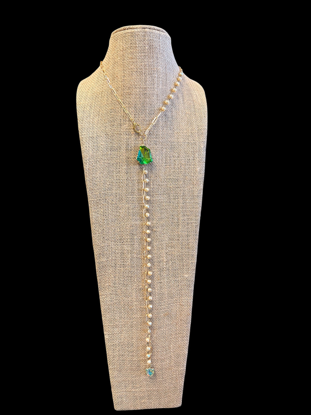 Jaded Gypsy Gold & Pearl Crystal Lariat Necklace