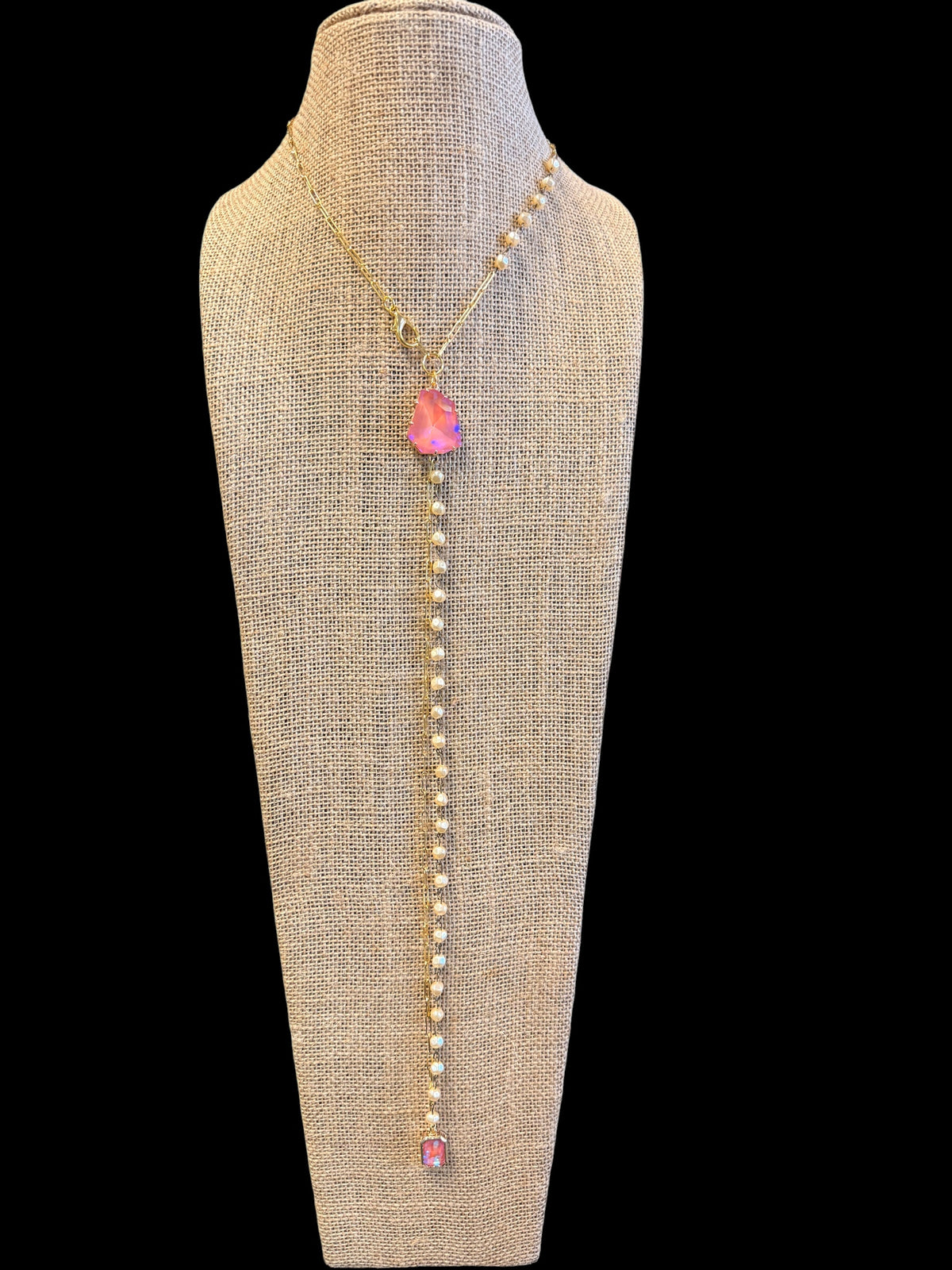 Jaded Gypsy Gold & Pearl Crystal Lariat Necklace