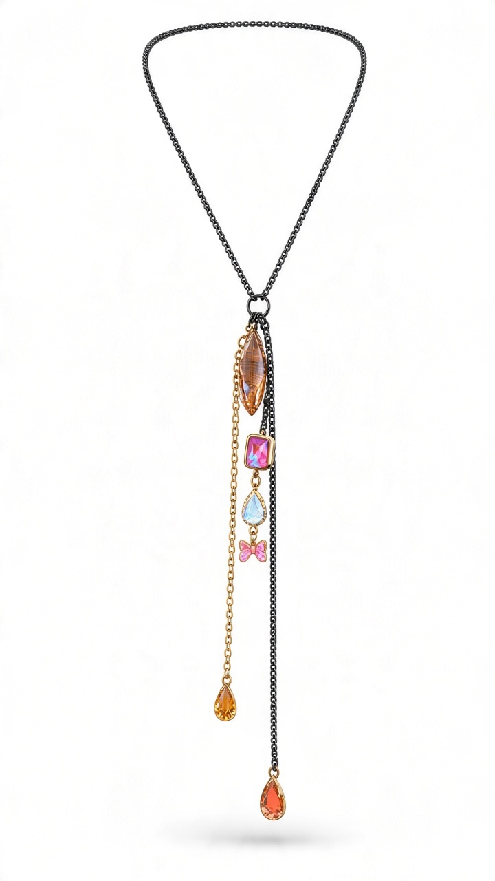Jaded Gypsy Black Gunmetal Crystal Lariat Necklace