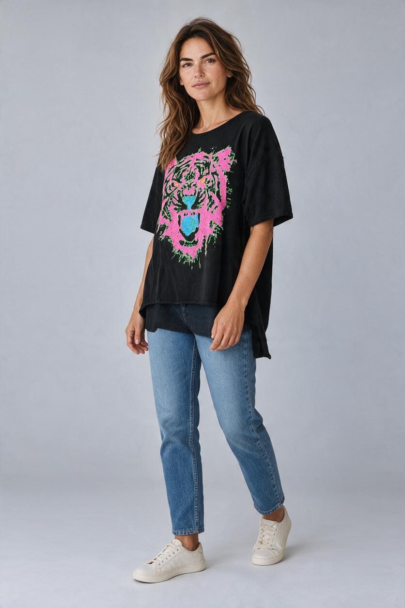 I Love Linen Neon Tiger Face Graphic Tee