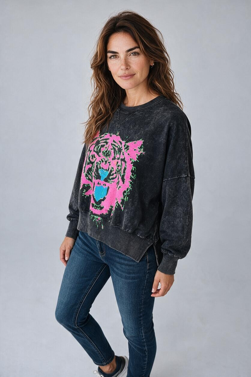 I Love Linen Neon Tiger Face Crop Sweatshirt