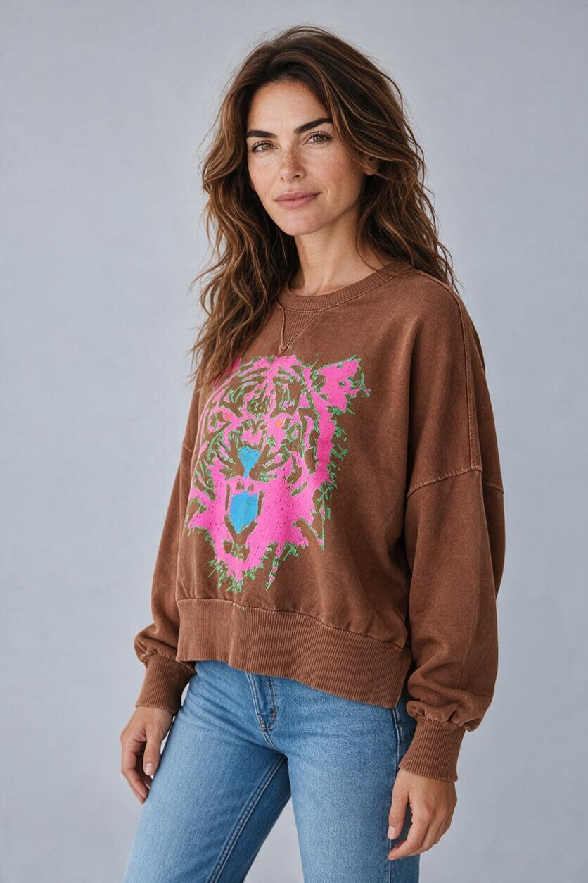I Love Linen Neon Tiger Face Crop Sweatshirt