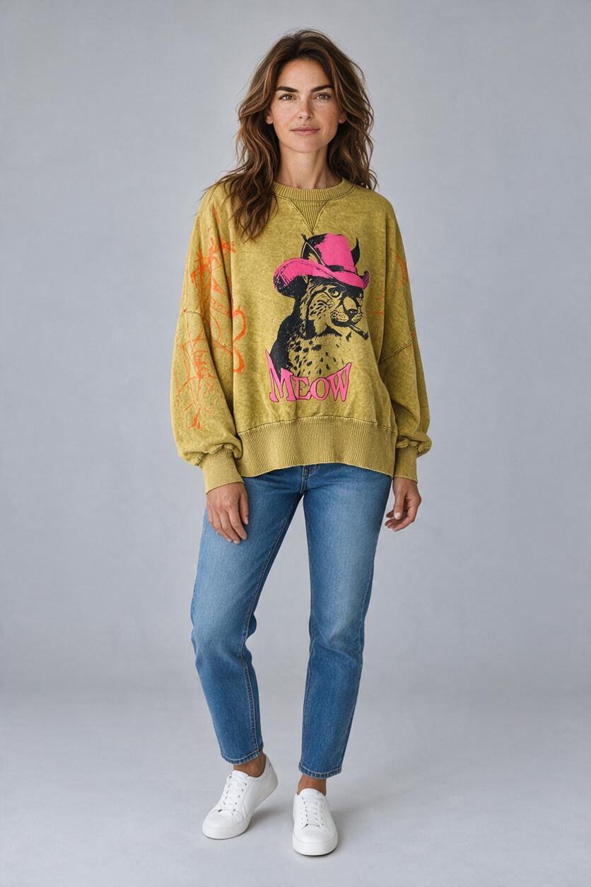 I Love Linen Meow Cowboy Cat Graphic Sweatshirt