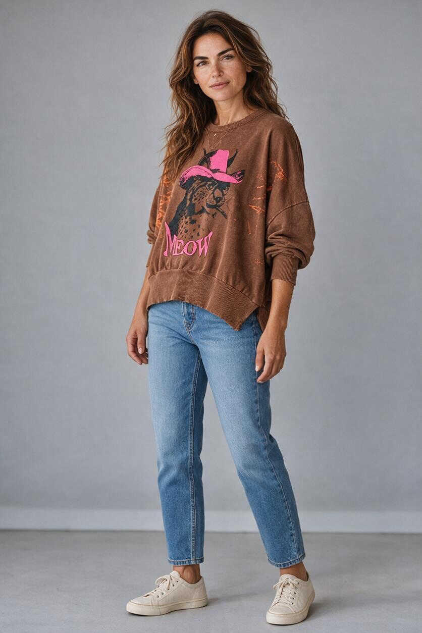 I Love Linen Meow Cowboy Cat Graphic Sweatshirt